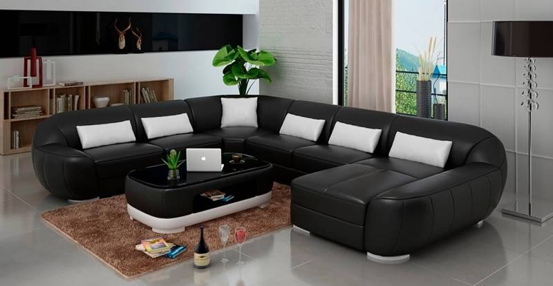 JVmoebel Wohnlandschaft Ledersofa Couch Wohnlandschaft Eck Garnitur Rund Sofa Schwarz, Made in Europa von JVmoebel