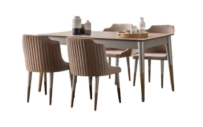 JVmoebel Essgruppe Beige Esszimmer Garnitur Rechteckiger Holz Tisch 6x Polsterstühle 7tlg, (7-tlg., 1x Esstisch + 6x Stühle), Made in Europa von JVmoebel