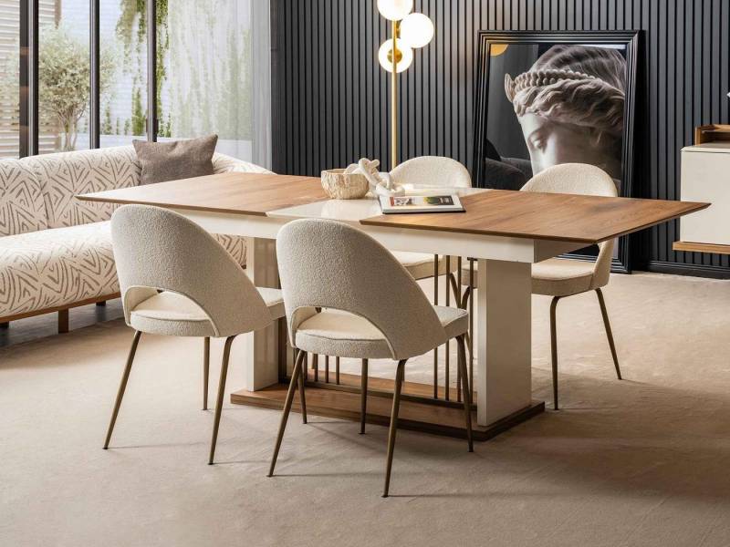 JVmoebel Esszimmer-Set Beiges Esszimmer Set Rechteckiger Holztisch Designer 4x Polsterstühle, (5-St., 5tlg Esszimmer Set (Esstisch + 4x Stühle), Made in Europa von JVmoebel