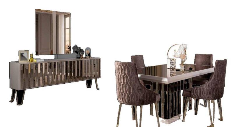 JVmoebel Essgruppe Designer Braun Esszimmer Garnitur Essgruppe Esstisch 4x Stühle 7tlg, (7-tlg., Esstisch/4x Stühle/Kommode/Spiegel), Made in Europa von JVmoebel