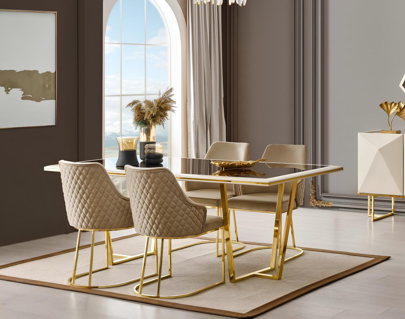 JVmoebel Essgruppe Elegantes Esszimmer Set: Beige Gold Esstisch mit Stühlen, (7-tlg., Esstisch, 6xStühle), Made in Europa von JVmoebel