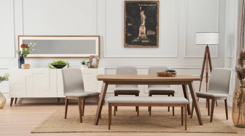 JVmoebel Esszimmer-Set Essgarnitur Esszimmer Set 8tlg Esstisch + 4x Stühle Einrichtung, (8-St., Esstisch + 4x Stühle + Bank + Anrichte +Spiegel), Made in Europa von JVmoebel