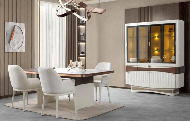 JVmoebel Essgruppe Esstisch mit 4 Stühlen und Vitrine Mit Beleuchtung Weiß, (6-tlg., 6tlg. Esszimmer Set (Esstisch + 4x Stühle + Vitrine), Made in Europa von JVmoebel