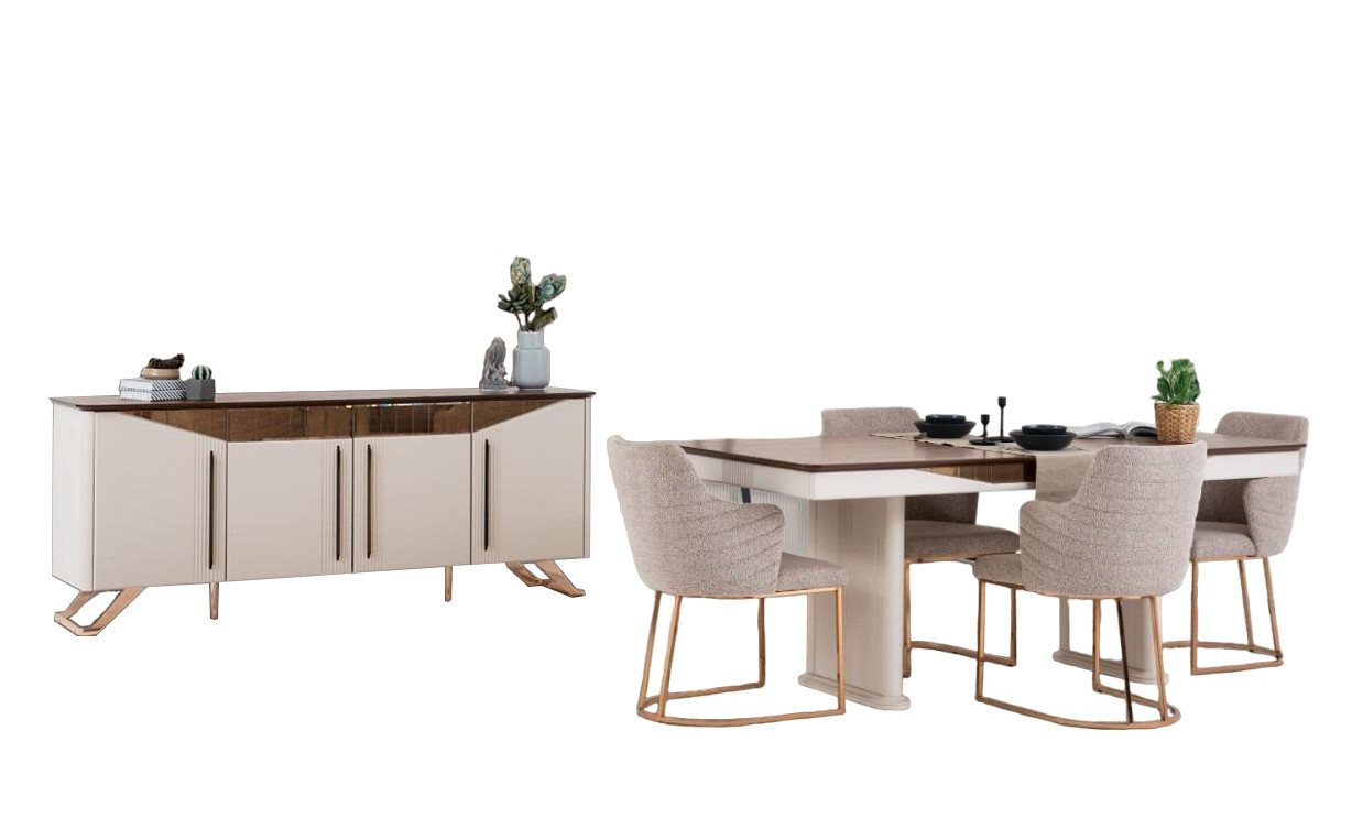 JVmoebel Essgruppe Essgruppe Esszimmer Essecke Esstisch Stühle Sideboard Holz Beige 8tlg, (8-tlg., Esstisch/6x Stühle/Sideboard), Made in Europa von JVmoebel