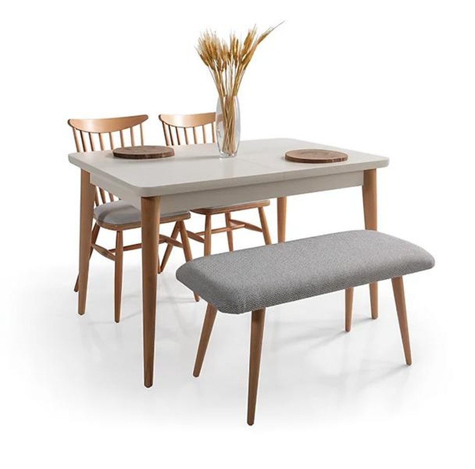 JVmoebel Essgruppe Esszimmer Set Esstisch Ausziehbar mit Gepolsterten Stühlen und Bank, (4-tlg., 4tlg. Esszimmer Set(Esstisch + 2x Stühle + Bank), Made in Europa von JVmoebel