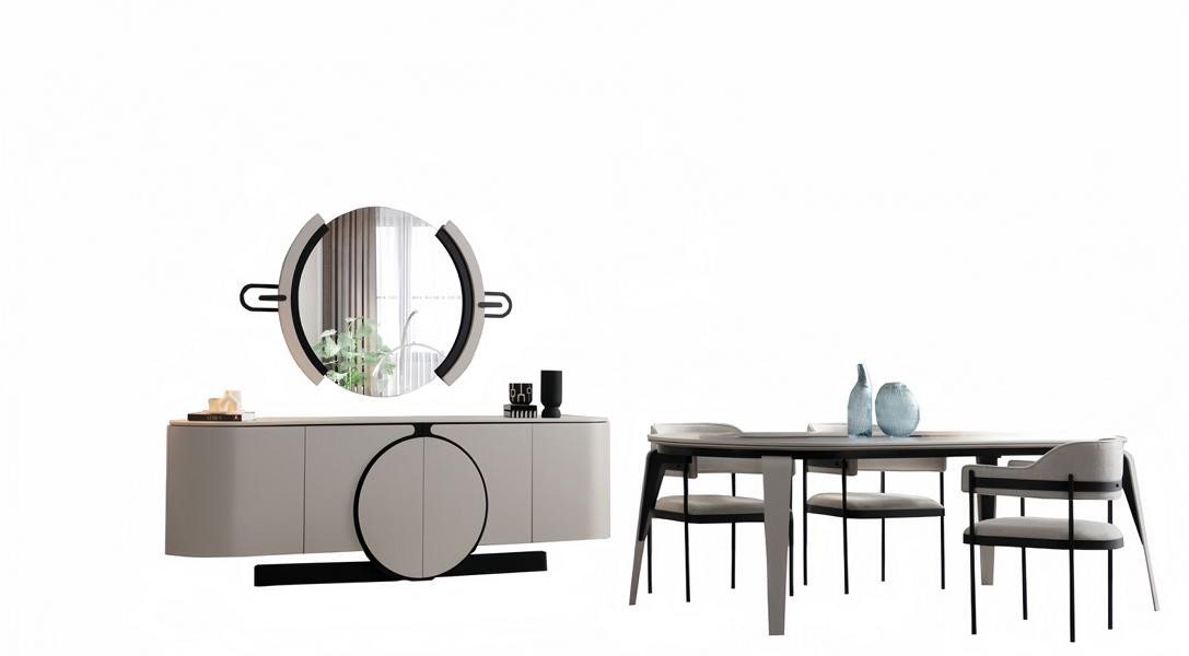 JVmoebel Esszimmer-Set Essgruppe Esszimmer Set Esstisch mit 4x Stühlen Sideboard Spiegel Weiß, (7-St., 7tlg. Esszimmer Set(Esstisch + 4x Stühle + Sideboard + Spiegel), Made in Europa von JVmoebel