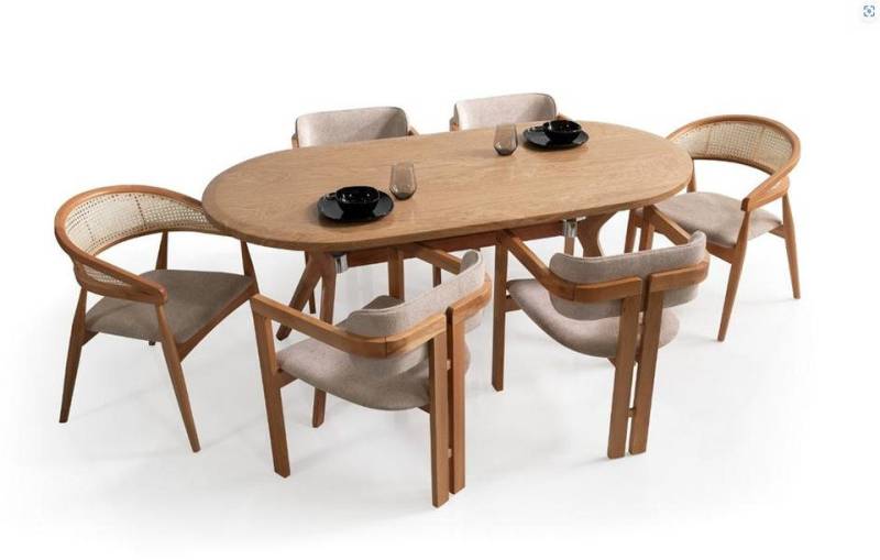 JVmoebel Essgruppe Esszimmergruppe Esstisch Oval mit 6 Gepolsterten Stühlen Beige, (7-tlg., 7tlg. Esszimmer Set(Esstisch + 6x Stühle), Made in Europa von JVmoebel
