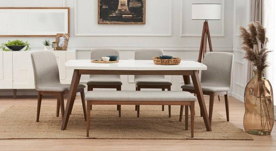 JVmoebel Essgruppe Komplett Esstisch Set mit 4 Stühlen Holzmöbel Esszimmer Bank, (6-tlg., 6tlg. Esszimmer Set (Esstisch + 4x Stühle + Bank), Made in Europa von JVmoebel
