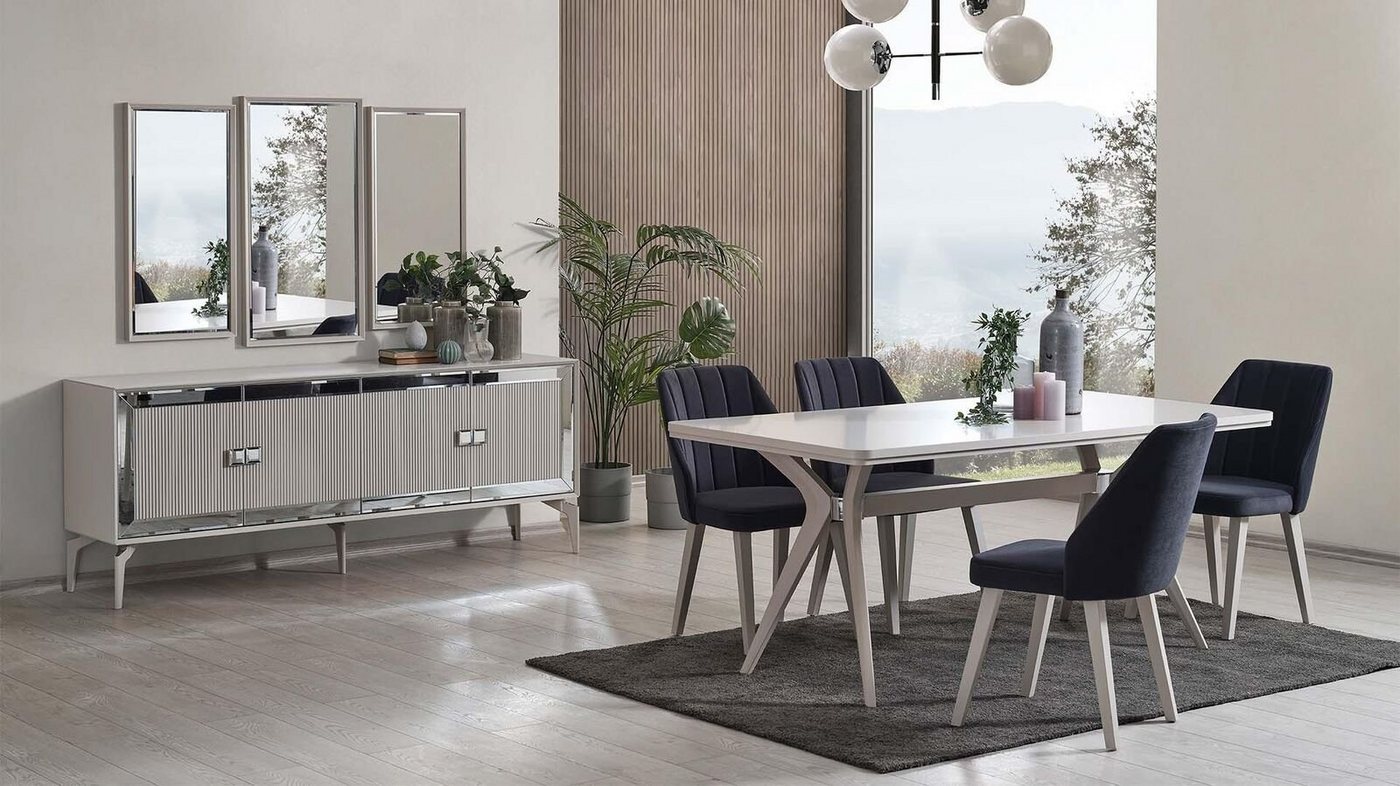 JVmoebel Essgruppe Esstisch Ausziehbar Modern Essgruppe Esszimmer Set 9tlg Grau Holz, (Esstisch / Stühle / Sideboard / Spiegel), Made In Europe von JVmoebel