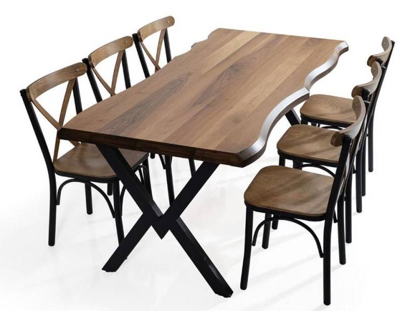 JVmoebel Essgruppe Esstisch mit 6 Stühlen Holz Metall Küchentisch Essgruppe, (7-tlg., 7tlg. Esszimmer Set(Esstisch + 6x Stühle), Made in Europa von JVmoebel