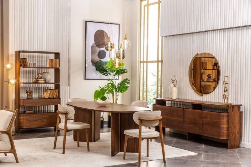 JVmoebel Essgruppe Esszimmer Garnitur Essgruppe Essecke Esstisch Stühle Braun Set, (10-tlg., Esstisch/6x Stühle/Sideboard/Spiegel/Bücherregale), Made in Europa von JVmoebel