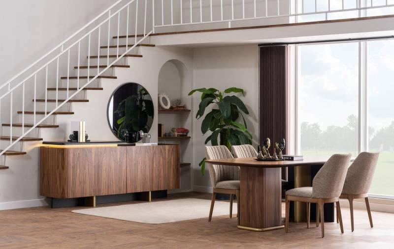JVmoebel Esszimmer-Set Esszimmer Garnitur Essgruppe Esstisch Stühle Holz 8tlg Braun Anrichte, (8-St., Set 8tlg Esszimmer (Esstisch + 6xStühle + Sideboard), Made in Europa von JVmoebel