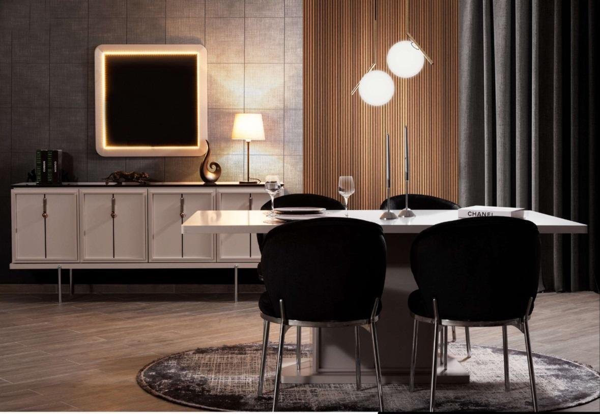 JVmoebel Essgruppe Esszimmer Garnitur Modernes Set Esstisch 4x Polsterstühle Sideobard, (7-tlg., Esstisch / 4x Stühle / Sideboard / Spiegel), Made in Europa von JVmoebel