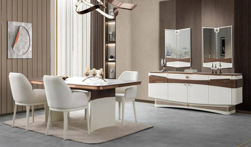 JVmoebel Esszimmer-Set Esszimmer Komplett Esstisch 4x Polsterstühle Sideboard 2x Spiegele, (8-St., 8tlg. Esszimmer Set (Esstisch + 4x Stühle + Sideboard + 2x Spiegele), Made in Europa von JVmoebel