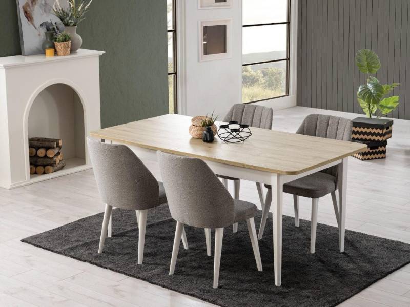 JVmoebel Essgruppe Esszimmer Set 7-teilig Weiß Holz Moderner Esstischstuhl, (Esstisch/Stühle), Made in Europa von JVmoebel