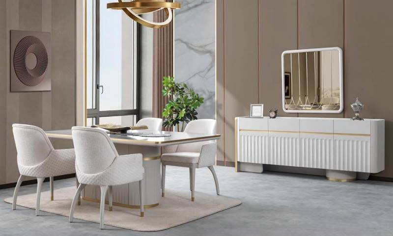 JVmoebel Esszimmer-Set Esszimmer Set Esstisch 4x Stühle Sideboard mit Spiegel Holz Essgruppe, (7-St., 7tlg. Esszimmer Set (Esstisch + 4x Stühle + Sideboard + Spiegel), Made in Europa von JVmoebel