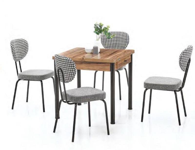 JVmoebel Essgruppe Esszimmer Set Esstisch Quadratisch Holz Ausziehbar Stühle Kariert Top, (5-tlg., Esstisch + 4x Stühle), Made in Europa von JVmoebel