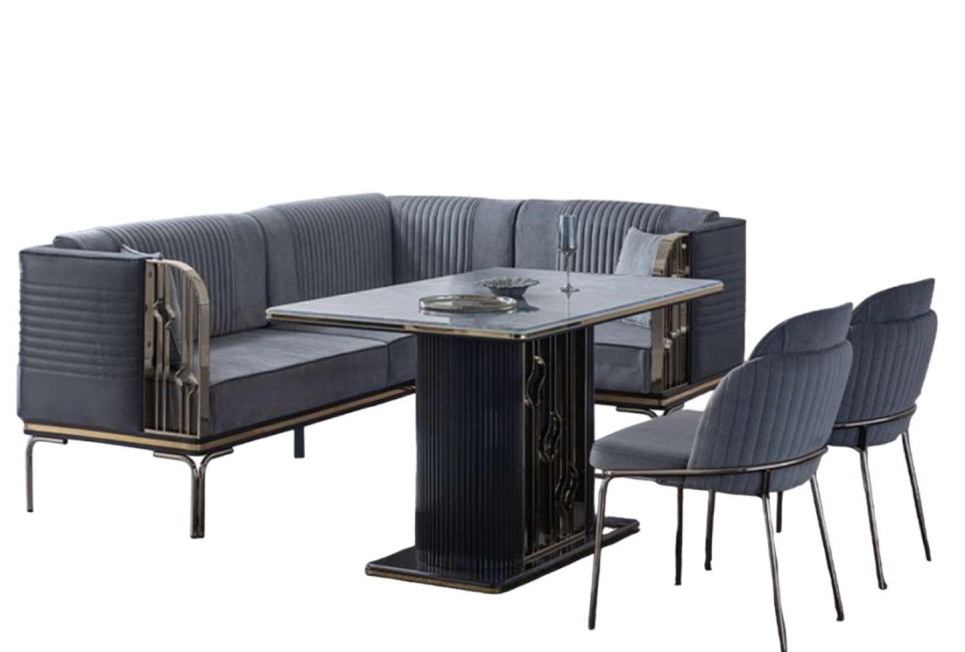 JVmoebel Essgruppe Exklusives Graues Esszimmer Set Luxus Edelstahl Tisch 2x Textil Stühle, (4-tlg., Esstisch/2х Stühle/Eckbank), Made in Europa von JVmoebel