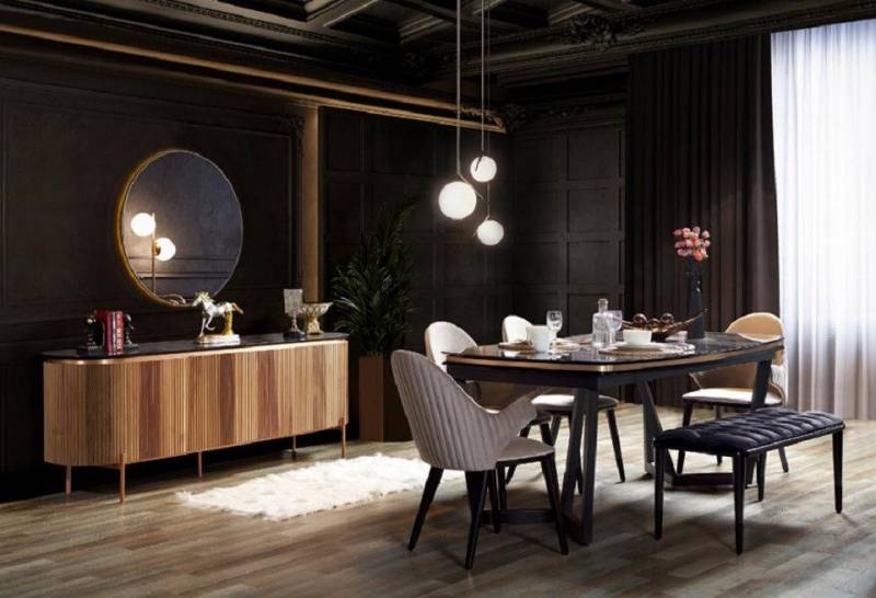 JVmoebel Esszimmer-Set Hochwertig Esszimmer Set Esstisch mit 4x Stühle Hocker Kommode mit, (6-St., 8tlg. Esszimmer Set(Esstisch+4x Stühle+Hocker+Kommode mit Spiegel), Made in Europa von JVmoebel