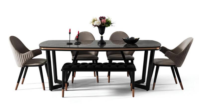 JVmoebel Essgruppe Luxuriös Esstisch Textil 4x Stühle Hocker Robust 6tlg., (6tlg. Esszimmer Set(Esstisch+4x Stühle+Hocker), Made in Europa von JVmoebel