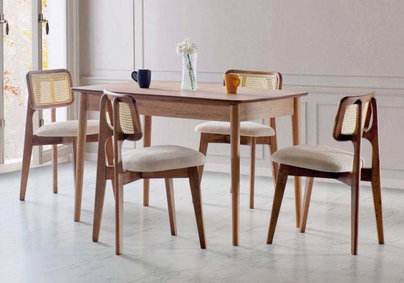 JVmoebel Essgruppe Luxus Esszimmer set Esstisch 4x Stühle Holz Stuhl Textil Essgruppe, (5TLG ESSZIMMER SET (ESSTISCH + 4X STÜHLE), Made in Europa von JVmoebel