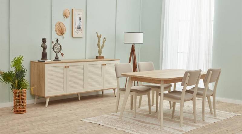 JVmoebel Esszimmer-Set Luxus Set Esszimmer 6tlg Holzmöbel Esstisch + 4x Stühle Essgarnitur, (6-St., 6tlg. Esszimmer Set (Esstisch + 4x Stuhle + Anrichte), Made in Europa von JVmoebel