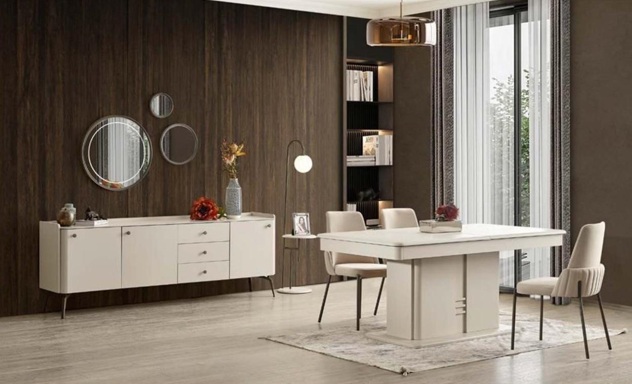 JVmoebel Esszimmer-Set Moderne Esszimmer Garnitur Holztisch 4x Textilstühle Edle Anrichte, (6-St., Esstisch + 4x Stühle + Anrichte), Made in Europa von JVmoebel