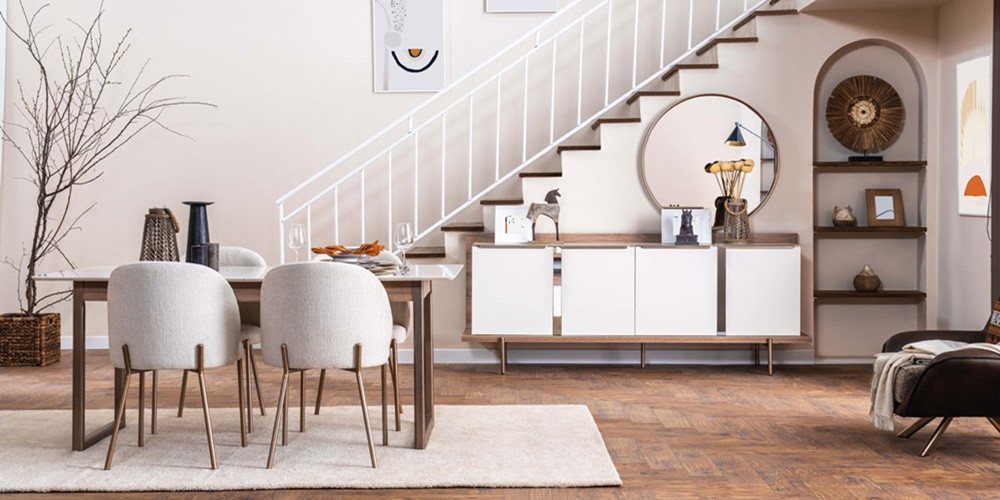 JVmoebel Esszimmer-Set Moderne Weiße Esszimmer Garnitur Esstisch 4x Polsterstühle Edle, (7tlg Esszimmer Set (Esstisch + 4x Stühle + Anrichte + Spiegel), Made in Europa von JVmoebel