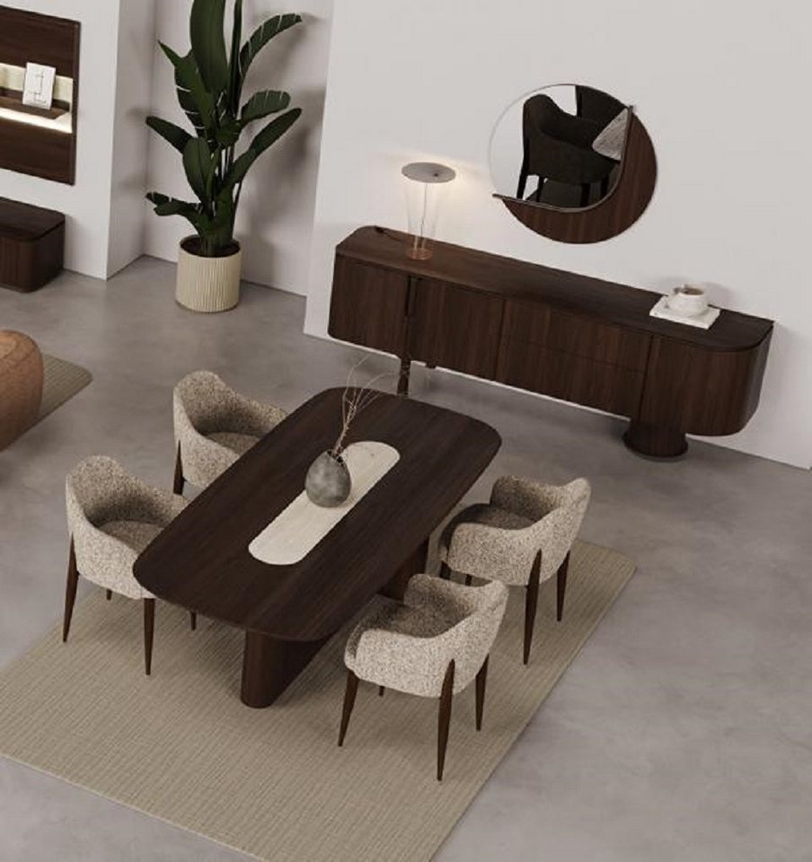 JVmoebel Esszimmer-Set Robust Braun Esstisch 4x Stühle Kommode Spiegel Modern 7-tlg., (7-St., Esstisch + 4x Stühle + Kommode + Spiegel), Made in Europa von JVmoebel