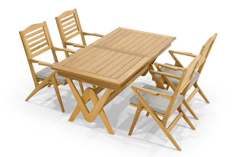 JVmoebel Garten-Essgruppe Robuste Garten Garnitur Essgarnitur 4x Holzstühle Designer Esstisch, (5-tlg), Made in Europa von JVmoebel