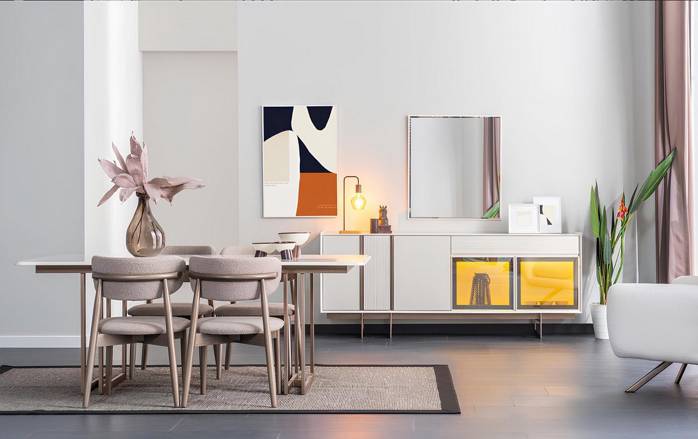 JVmoebel Esszimmer-Set Robustes Esszimmer Set Luxuriöser Esstisch 4x Polsterstühle Anrichte, (6tlg.Esszimmer Set (Esstisch+4x Stühle+Anrichte), Made in Europa von JVmoebel