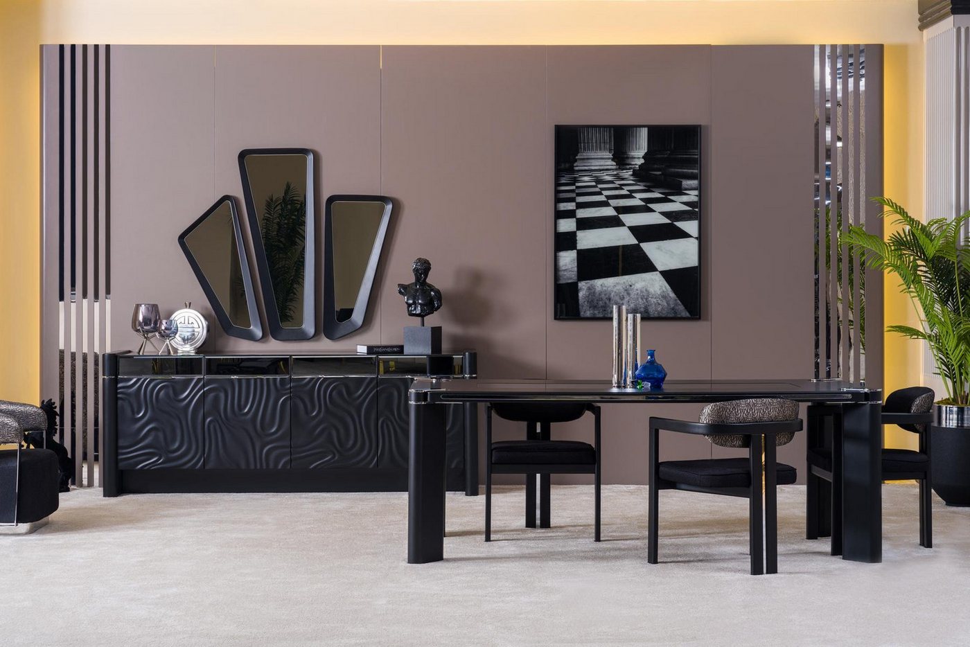 JVmoebel Essgruppe Schwarzes Esszimmermöbel Set aus Tisch, 6 Stühlen und Sideboard, Made in Europa JVmoebel Essgruppe Schwarzes Esszimmermöbel Set aus Tisch, 6 Stühlen und Sideboard, Made in Europa von JVmoebel