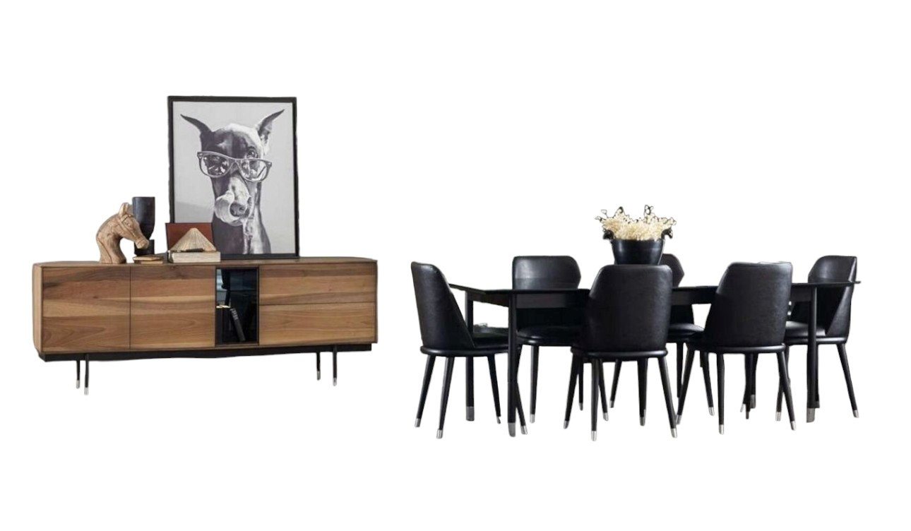 JVmoebel Esszimmer-Set 8-teiliges Küchenset mit Stühlen moderner Stil schwarze Farbe bequem, (8-St., 1x Esstisch + 6x Stühle + 1x Anrichte), Made in Europa von JVmoebel