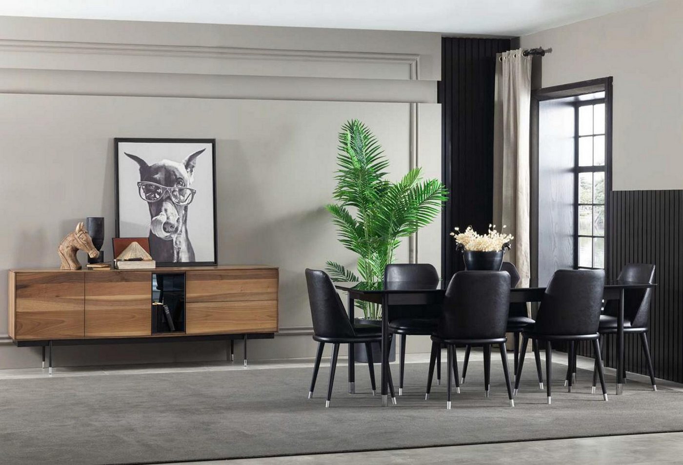 JVmoebel Esszimmer-Set 8-teiliges Küchenset mit Stühlen moderner Stil schwarze Farbe bequem, (8-St., 1x Esstisch + 6x Stühle + 1x Anrichte), Made in Europa von JVmoebel