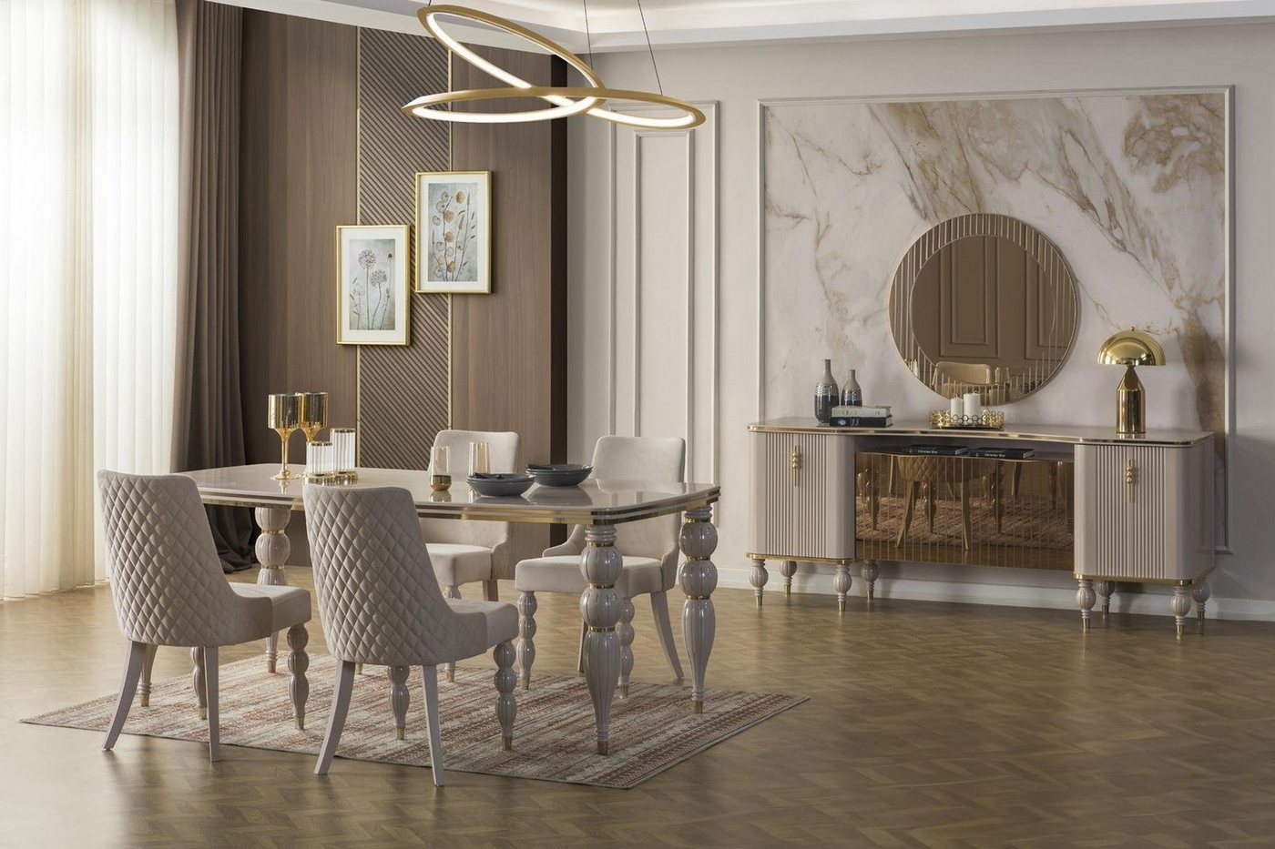 JVmoebel Esszimmer-Set Beige Designer-Essgruppe mit Tisch, Stühlen und Sideboard, (9-St., 1x Esstisch + 6x Stühle + 1 Sideboard + 1x Spiegel), Made in Europa von JVmoebel