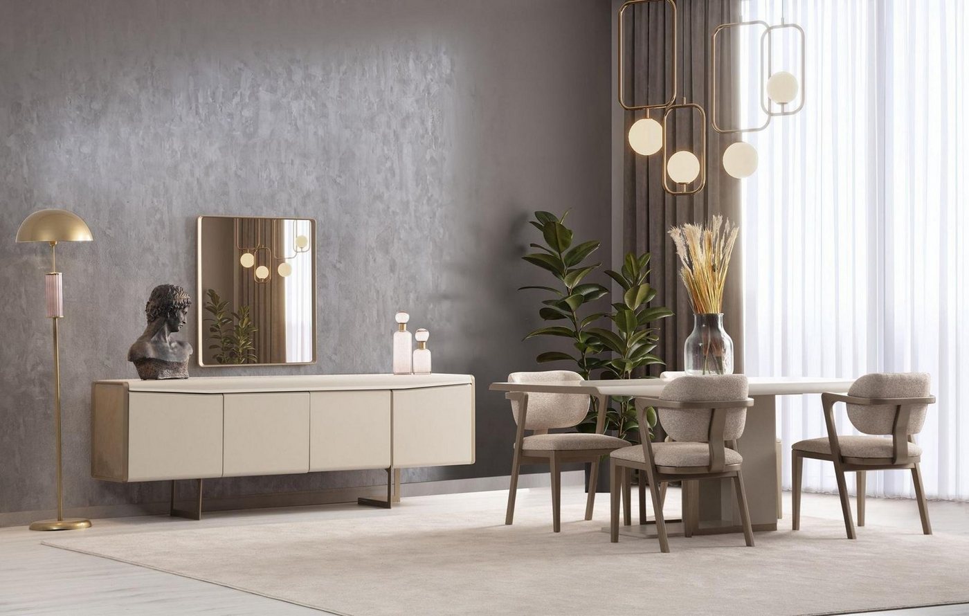 JVmoebel Esszimmer-Set Beige Designer Esszimmer Set mit Esstisch und Polsterstühlen, (9-St., Nur Esstisch + 6x Stühle + Anrichte + Spiegel), Made in Europa von JVmoebel