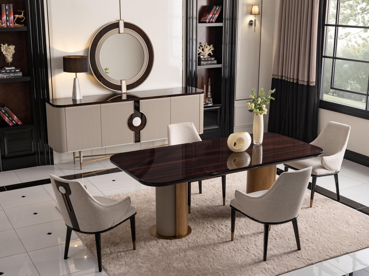 JVmoebel Esszimmer-Set Beige Essgruppe Luxus Holzset mit Esstisch und Stühlen 9-teilig, (9-St., 1x Esstisch + 6x Stühle + 1x Sideboard + 1x Spiegel), Made in Europa von JVmoebel
