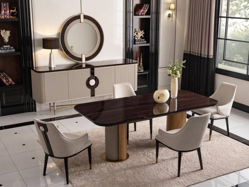 JVmoebel Esszimmer-Set Beige Essgruppe Luxus Holzset mit Esstisch und Stühlen 9-teilig, (9-St., 1x Esstisch + 6x Stühle + 1x Sideboard + 1x Spiegel), Made in Europa von JVmoebel