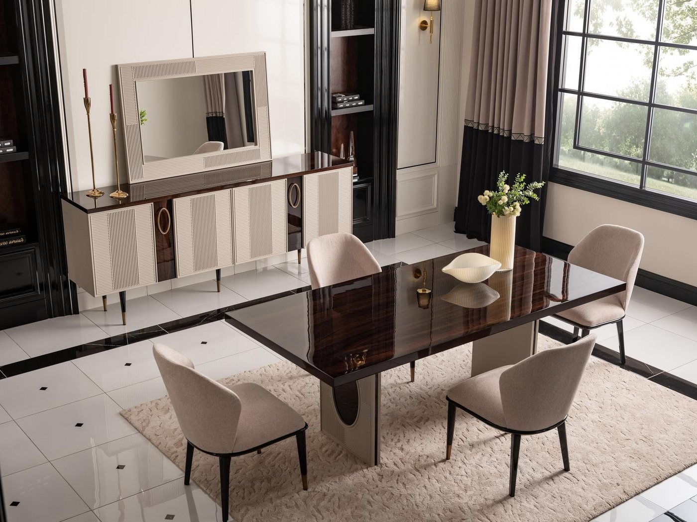 JVmoebel Esszimmer-Set Beige Essgruppe für das Esszimmer, 9-teiliges Holz-Set, (9-St., 1x Esstisch+6x Stühle+1x Sideboard+1x Spiegel), Made in Europa von JVmoebel
