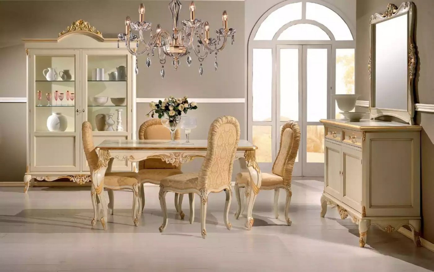 JVmoebel Esszimmer-Set Beige Essgruppe mit 4 Stühlen aus Holz für das Esszimmer, (8-St., Nur Esstisch + 4x Stühle + Sideboard + Vitrine + Spiegel), Made in Europa von JVmoebel