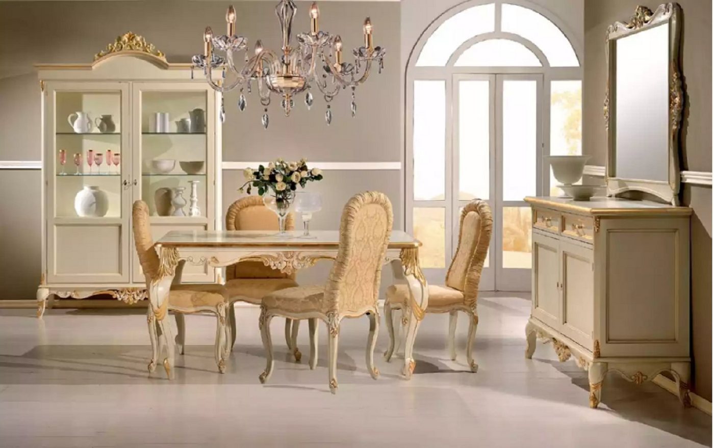 JVmoebel Esszimmer-Set Beige Esstisch 4x Stühlen Esszimmer Set Essgruppe Holz 8tlg., (8-St., Nur Esstisch + 4x Stühle + Sideboard + Vitrine + Spiegel), Made in Italy von JVmoebel