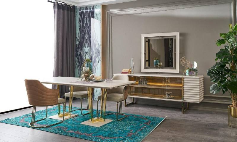 JVmoebel Esszimmer-Set Beige Holz Essgruppe 9-teilig für Esszimmer und Essecke, (9-St., Esstisch + 6x Stühle + Sideboard + Spiegel), Made in Europa von JVmoebel