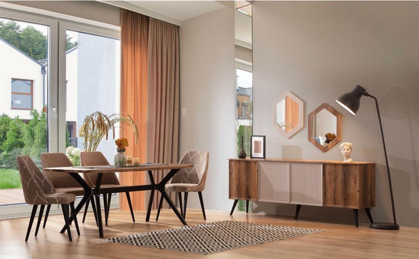 JVmoebel Esszimmer-Set Braunes 8-teiliges Esszimmer Set mit Anrichte, Holz und Spiegeln, (8-St., Esstisch + 4x Stühle + Anrichte + 2x Spiegel), Made in Europa von JVmoebel