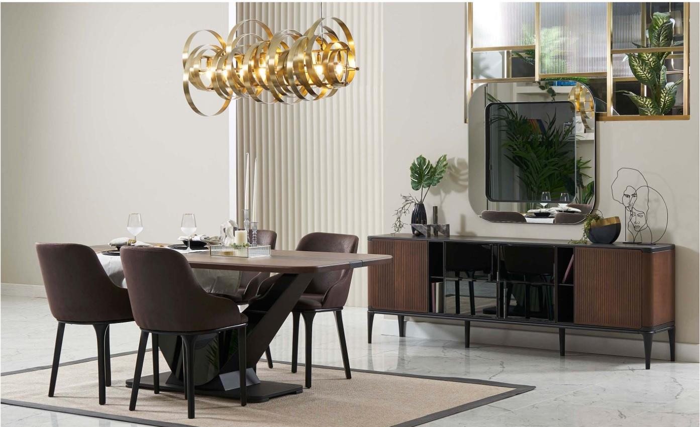 JVmoebel Esszimmer-Set Braunes Holzset für Esszimmer - 9-teiliges Möbelgruppe mit Tisch, (9-St., Set Esszimmer 9tlg (Esstisch + 6xStühle + Sideboard + Spiegel), Made in Europa von JVmoebel