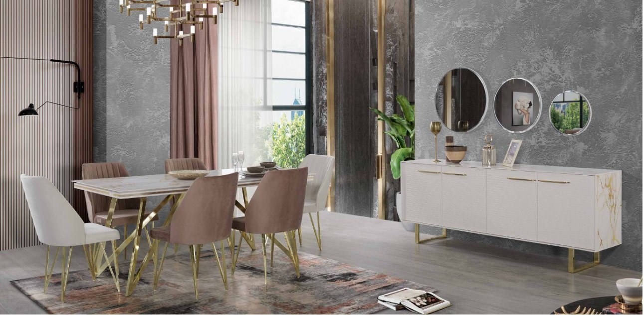 JVmoebel Esszimmer-Set Designer Edelstahl Esszimmer Set: Tisch und Stühle exklusiv, (8-St., Esstisch + 6x Stühle + Kommode mit Spiegel), Made in Europa von JVmoebel