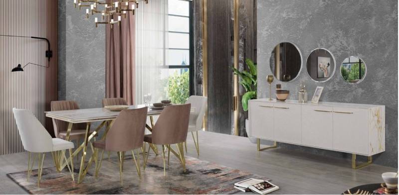 JVmoebel Esszimmer-Set Designer Edelstahl Esszimmer Set: Tisch und Stühle exklusiv, (8-St., Esstisch + 6x Stühle + Kommode mit Spiegel), Made in Europa von JVmoebel