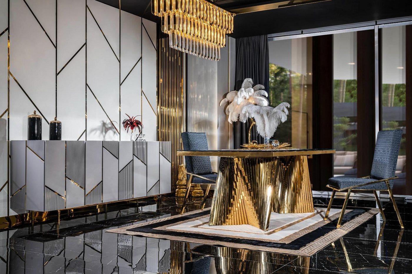 JVmoebel Esszimmer-Set Edelstahl Esszimmer Set mit 6 Stühlen und Anrichte in Gold, (6-St., Tisch, 4х Stühle, Anrichte), Made in Europa von JVmoebel