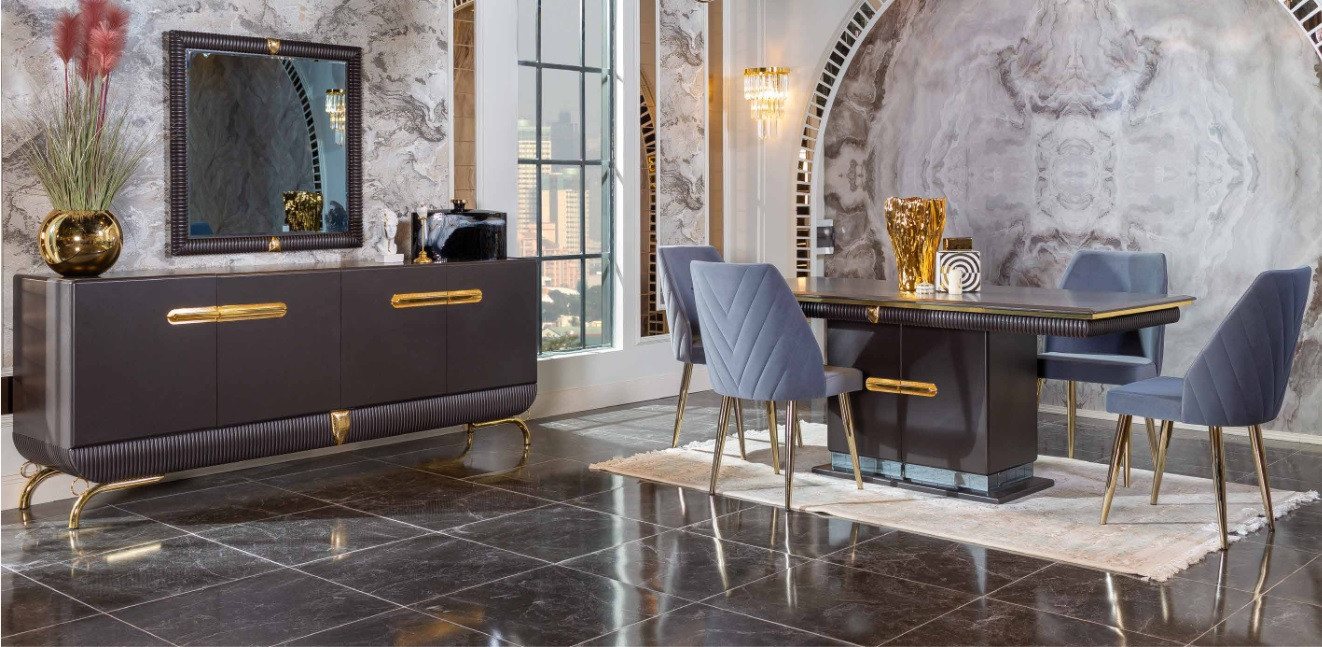 JVmoebel Esszimmer-Set Edelstahl Esszimmermöbel-Set mit Kommode – 7-teilig, (7-St., Esstisch + 4x Stühle + Kommode + Spiegel), Made in Europa von JVmoebel