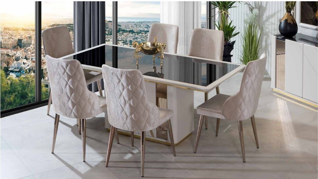 JVmoebel Esszimmer-Set Elegante Esszimmermöbelset mit Glastisch und Polsterstühlen, (7-St., Esstisch + 6x Stühle), Made in Europa von JVmoebel