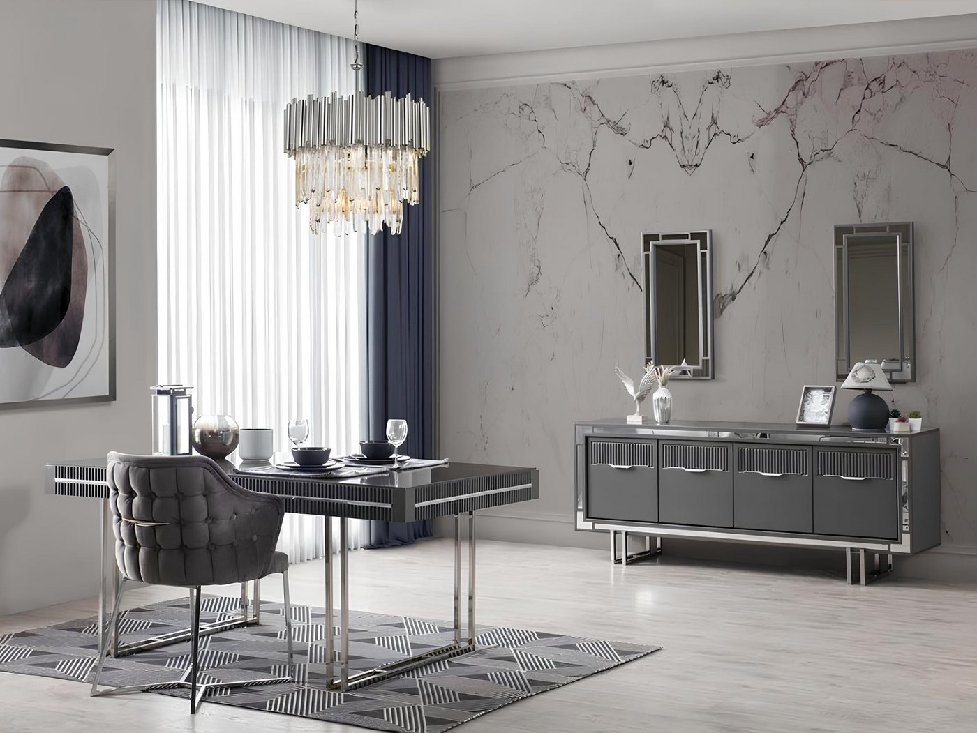 JVmoebel Essgruppe Eleganter 2-teiliges Esszimmermöbelset aus grauem Holz, (2-tlg., Esstisch + Sideboard), Made in Europa von JVmoebel